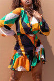 Orange Fashion Casual Print Basic V Neck Long Sleeve Dresses