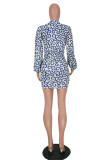 White Fashion Print Draw String Frenulum Asymmetrical O Neck Long Sleeve Dresses