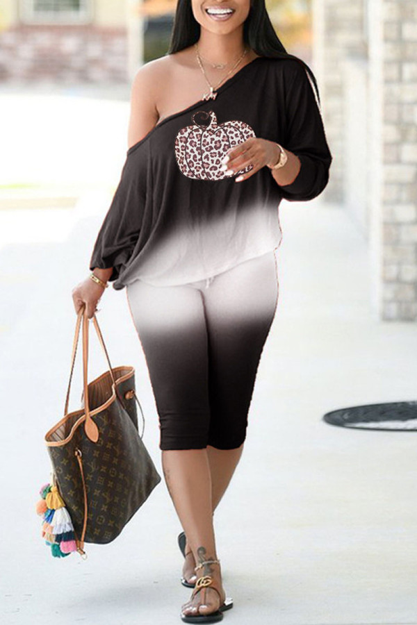 Black Casual Print Patchwork Off the Shoulder Long Sleeve Two Pieces