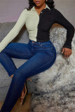 Yellow Black Fashion Casual Patchwork Basic Turndown Collar Tops