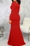 Red Elegant Solid Patchwork High Opening V Neck Evening Dress Dresses