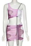 Blue Sexy Print Patchwork One Shoulder Sleeveless Two Pieces