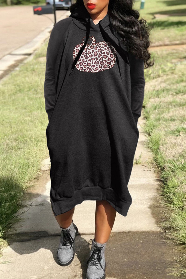 Black Casual Print Patchwork Hooded Collar Straight Dresses