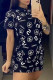 Black Fashion Casual Print Patchwork Turndown Collar One Step Skirt Dresses