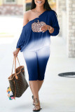 Blue Casual Print Split Joint Off the Shoulder Long Sleeve Two Pieces