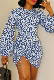 White Fashion Print Draw String Frenulum Asymmetrical O Neck Long Sleeve Dresses