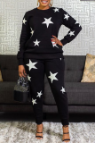 Black Casual Print Split Joint O Neck Long Sleeve Two Pieces