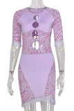 Purple Print Tassel Hollowed Out Patchwork O Neck Pencil Skirt Dresses