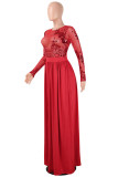 Red Milk. Sexy Cap Sleeve Long Sleeves O neck Swagger Floor-Length Floral Sequin backless Patchwork pers