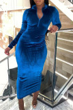 Black Fashion Casual Solid Patchwork Zipper Half A Turtleneck Long Sleeve Dresses