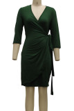 Green Casual Solid Bandage Split Joint Fold V Neck One Step Skirt Dresses