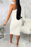 White Sexy Solid Split Joint Asymmetrical Oblique Collar A Line Dresses