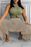 Khaki Casual Solid Tassel Patchwork Skinny High Waist Pencil Solid Color Bottoms