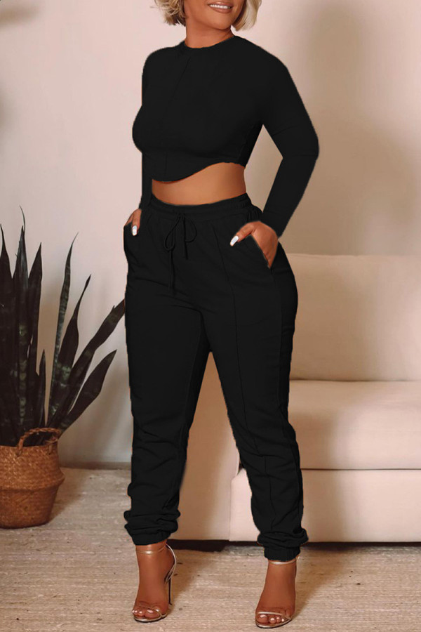 Black Fashion Casual Solid Basic O Neck Long Sleeve Two Pieces