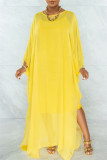 Yellow Fashion Casual Solid See-through O Neck Long Sleeve Two Pieces