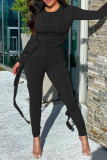 Black Fashion Casual Solid Fold O Neck Skinny Jumpsuits