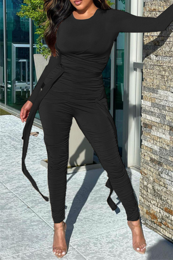 Black Fashion Casual Solid Fold O Neck Skinny Jumpsuits