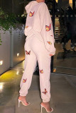 Light Pink Fashion Casual Butterfly Print Basic Hooded Collar Long Sleeve Two Pieces