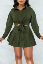 Ink Green Casual Solid Split Joint Buckle Turndown Collar Long Sleeve Two Pieces