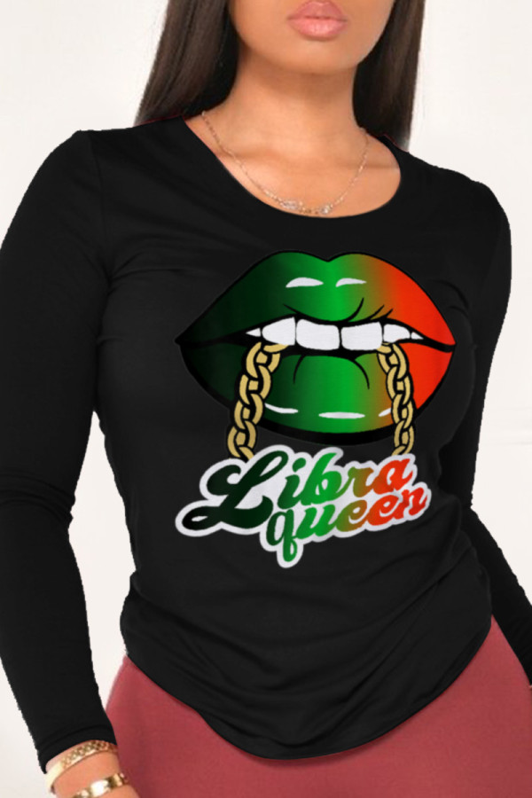 Black Street Daily Print Patchwork O Neck Tops