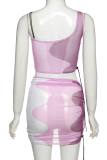 Blue Sexy Print Patchwork One Shoulder Sleeveless Two Pieces