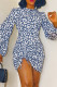 White Fashion Print Draw String Frenulum Asymmetrical O Neck Long Sleeve Dresses