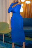 Blue Fashion Sexy Solid Hollowed Out Half A Turtleneck Long Sleeve Dresses