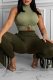Khaki Casual Solid Tassel Patchwork Skinny High Waist Pencil Solid Color Bottoms