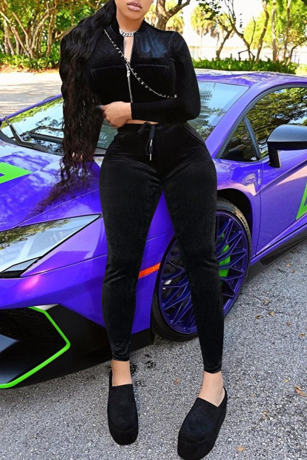 Black Fashion Casual Solid Cardigan Pants Zipper Collar Long Sleeve Two Pieces