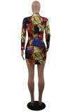 Multi-color Casual Street Print Patchwork Zipper Zipper Collar One Step Skirt Dresses