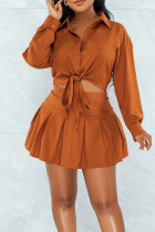Tangerine Red Casual Solid Split Joint Buckle Turndown Collar Long Sleeve Two Pieces