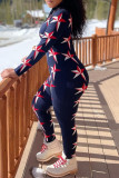 Dark Blue Fashion Casual Print Basic Zipper Collar Regular Jumpsuits
