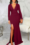 Red Elegant Solid Patchwork High Opening V Neck Evening Dress Dresses