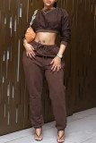 Coffee Fashion Casual Solid Basic O Neck Long Sleeve Two Pieces