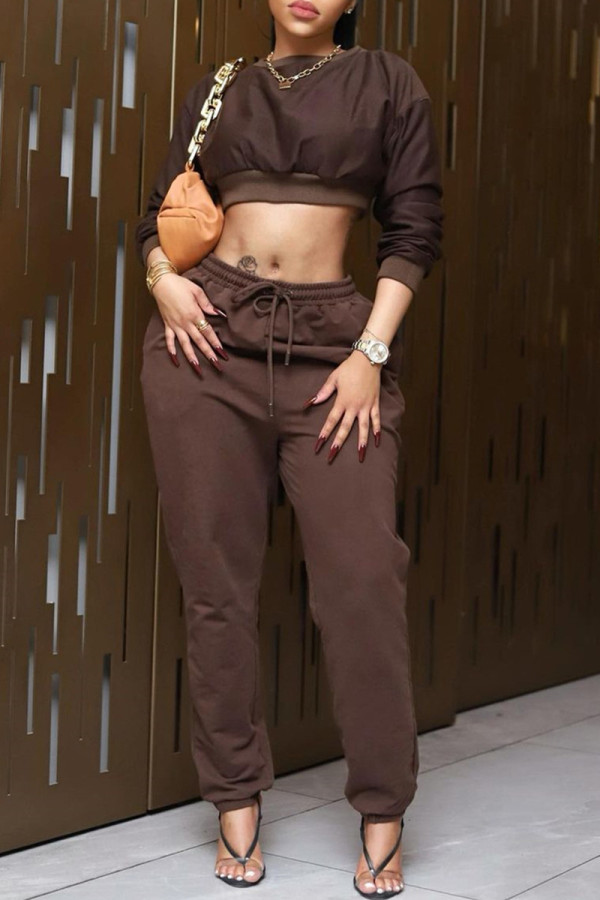 Coffee Fashion Casual Solid Basic O Neck Long Sleeve Two Pieces