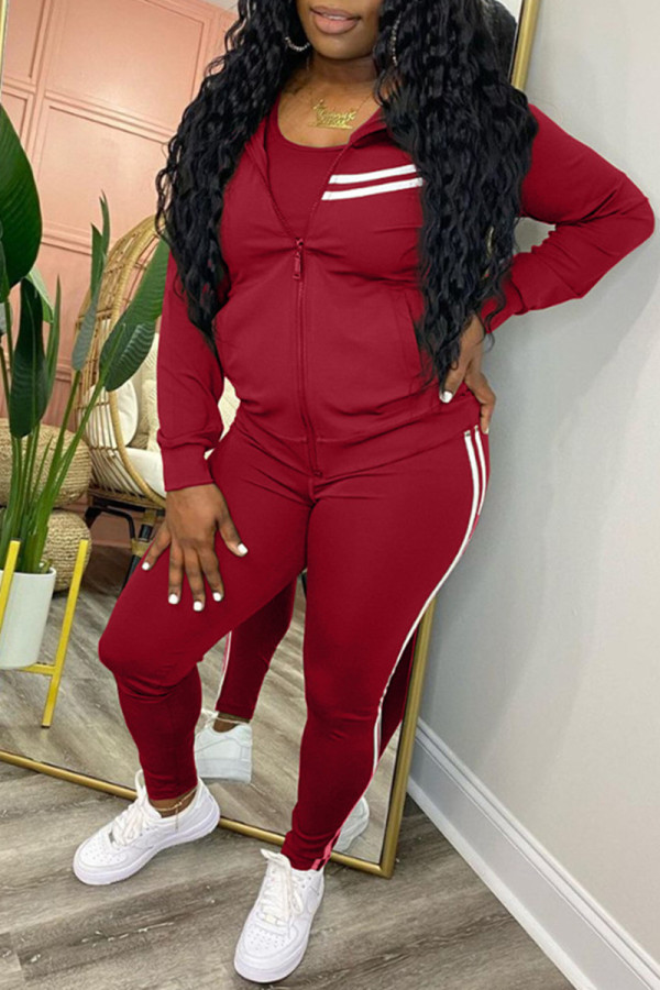 Burgundy Fashion Casual Striped Patchwork Zipper Collar Long Sleeve Two Pieces