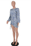 White Fashion Print Draw String Frenulum Asymmetrical O Neck Long Sleeve Dresses