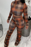 Brown Casual Plaid Print Patchwork Fold Half A Turtleneck Long Sleeve Two Pieces