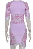 Purple Print Tassel Hollowed Out Patchwork O Neck Pencil Skirt Dresses