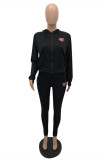 Black Fashion Casual Print Cardigan Pants Hooded Collar Long Sleeve Two Pieces
