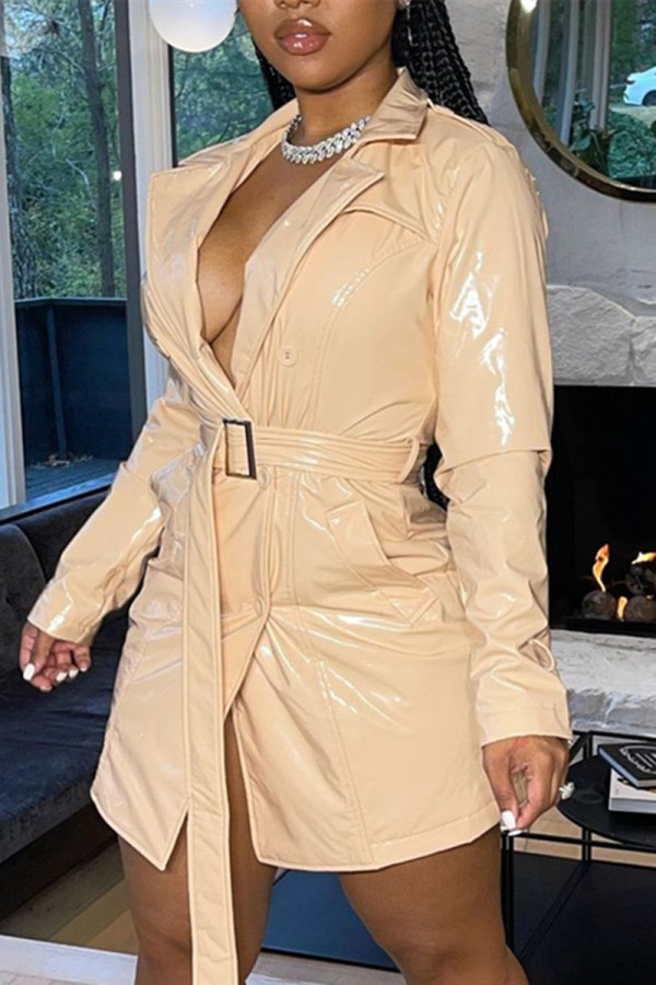 Apricot Fashion Casual Solid With Belt Turndown Collar Long Sleeve Dresses