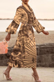 Red Fashion Casual Print Patchwork Turndown Collar Outerwear(Without Belt)