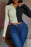 Yellow Black Fashion Casual Patchwork Basic Turndown Collar Tops