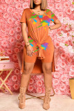 White Fashion Casual Print Slit O Neck Short Sleeve Two Pieces