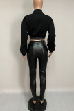 Black Sexy Print Patchwork Zipper Collar Long Sleeve Two Pieces