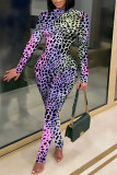 Purple Sexy Print Leopard Patchwork O Neck Regular Jumpsuits