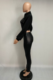 Black Sexy Print Patchwork Zipper Collar Long Sleeve Two Pieces