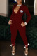 Burgundy Fashion Casual Print Patchwork Turndown Collar Jumpsuits