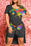 White Fashion Casual Print Slit O Neck Short Sleeve Two Pieces