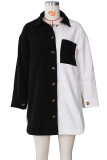 Black and white Casual Solid Split Joint Turndown Collar Outerwear